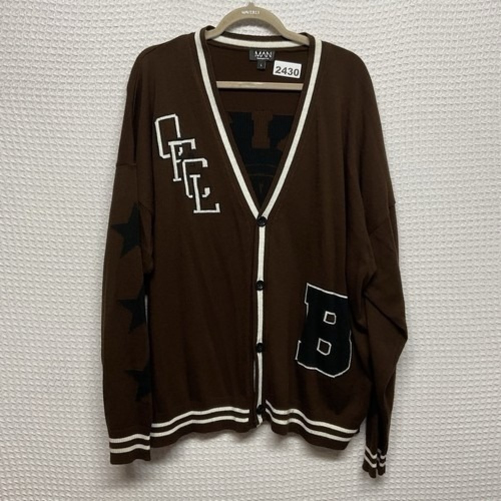 Boohoo‎ Man Limited Edition Brown Letterman Button Front Cardigan Men L Turkey